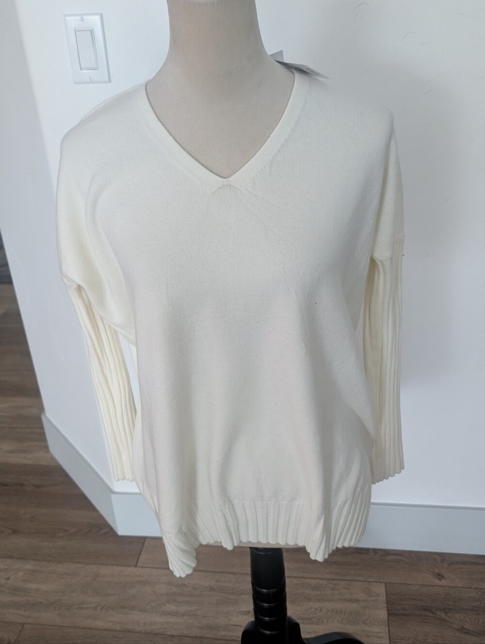 French Connection Cream V-Neck Ribbed Sleeve Sweater